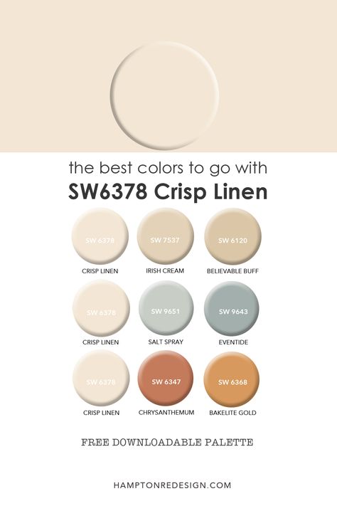 SW 6378 Crisp Linen Coordinating Colors Boho Wall Colors Sherwin Williams, Ivory Paint Color, Sherwin Williams Creamy, Cream Paint Colors, Sherwin Williams Color Palette, Warm Paint Colors, Interior Wall Colors, Ivory Paint, Sherwin Williams Colors