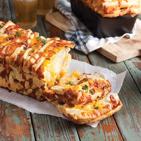 Once you start tearing into this Bacon-Cheddar Pull-Apart Bread, you won't be able to stop. Cheese Pull Apart, Yeast Breads, Pull Apart Bread, Bread Serving, Bacon Cheddar, Bacon Cheese, Pull Apart, Loaf Pan, Iron Skillet