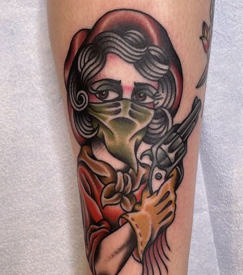 Bandit Tattoo Ideas, Cowgirl Tattoos, Western Cowgirls, Traditional Tattoo Art, Inspirational Tattoos, Girl Tattoos, Traditional Tattoo, Skull Tattoo, Portrait Tattoo