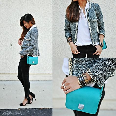 #MissKL Turquoise Bag Outfit, Turquoise Bag, Basic Sandals, Bag Zara, Bag Outfit, Chanel Jacket, Boucle Jacket, Outfit Combinations, Zara Basic