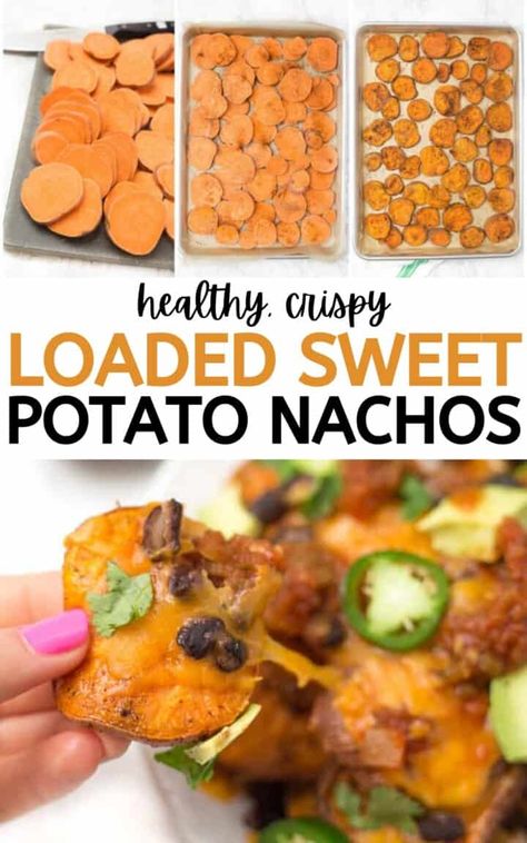 Sweet Potato Chip Nachos, Health Dinner Sweet Potato, Healthy Potato Nachos, Sweet Potato Black Bean Nachos, Easy Healthy Dinner Sweet Potato, Avocado Sweet Potatoe, Mediterranean Recipes Sweet Potatoes, Sweet Potato Fry Nachos, Easy Healthy Dinner With Sweet Potatoes