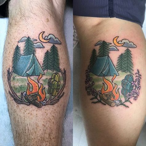 Leg Calf Camping Themed Matching Tattoo Ideas For Married Couples Berg Tattoo, Outdoor Tattoo, Camping Tattoo, Mountain Tattoo Design, Hiking Tattoo, Couples Tattoo Designs, Landscape Tattoo, Fire Tattoo, Matching Couple Tattoos