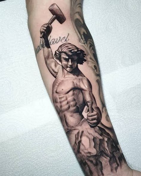 Man Sculpting Himself Tattoo, Self Made Man Tattoo Art Sculptures, Self Made Man Tattoo, Tnt Tattoo, Gym Tattoo Ideas, Self Made Tattoo, Wing Tattoo Men, Animal Sleeve Tattoo, Medusa Tattoo Design