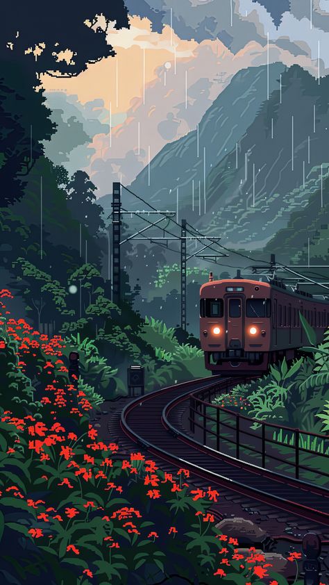 Christmas Pixel Art Wallpaper, Landscape Aesthetic Wallpaper, Pixel Art Scenery, Urban Section, Pixel Wallpapers, Urban Wallpaper, Train Wallpaper, Cool Pixel Art, Japanese Art Prints