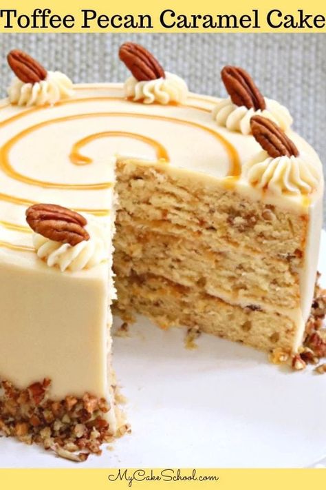 This Toffee Pecan Caramel Cake Recipe is the BEST! Such a wonderful combination of toffee, caramel, and pecans, and frosted in a luscious Caramel Cream Cheese Frosting! Pecan Caramel Cake, Caramel Cream Cheese Frosting, Caramel Cake Recipe, Caramel Filling, Cake With Caramel, Chocolate Cake Recipe Easy, Caramel Cream, Cake Recipes Easy Homemade, Pecan Cake