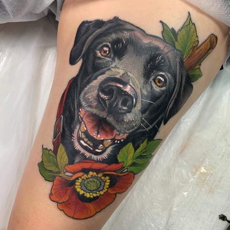 Neotraditional Pet Portrait, Neotrad Dog Tattoo, Tattoo Pet, Dog Portrait Tattoo, Luna Tattoo, Bumble Bee Tattoo, Portrait Tattoos, Framed Tattoo, Panther Tattoo