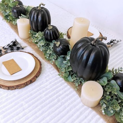 Package includes 7 pcs Artificial Black Pumpkins in assorted sizes. This set creates a classy display combined with other Halloween decoration, and also will look awesome for your Thanksgiving and other fall theme decor. (affiliate link) Fall Theme Decor, Halloween Table Decorations Centerpieces, Halloween Entry Table, Black Pumpkins, Halloween Craft Projects, Fall Dinner Party, Fall Table Centerpieces, Harvest Decor, Fun Halloween Crafts