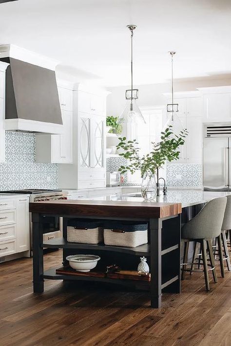 Green Cottage Kitchen, Island With Butcher Block Top, Built In Sideboard, Farm Style Sink, Yummiest Food, Cozy Thanksgiving, Butcher Block Island, Kitchen Post, Black Kitchen Island