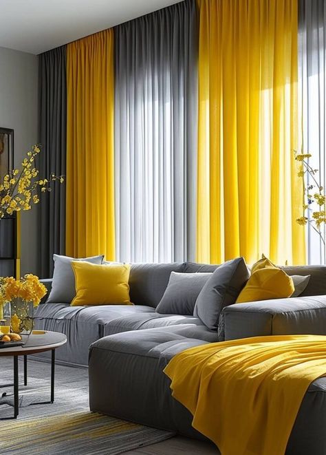 35 Stunning Yellow and Gray Living Room Ideas to Brighten Your Space 50 Grey And Sunflower Living Room, Grey And White With A Pop Of Color, Gray Yellow Blue Living Room Decorating Ideas, Yellow Black And White Living Room, Yellow Contrast Color Combinations, Yellow Living Room Decor Ideas, Yellow Grey Living Room, Living Room With Yellow Accents, Stylish Living Room Ideas