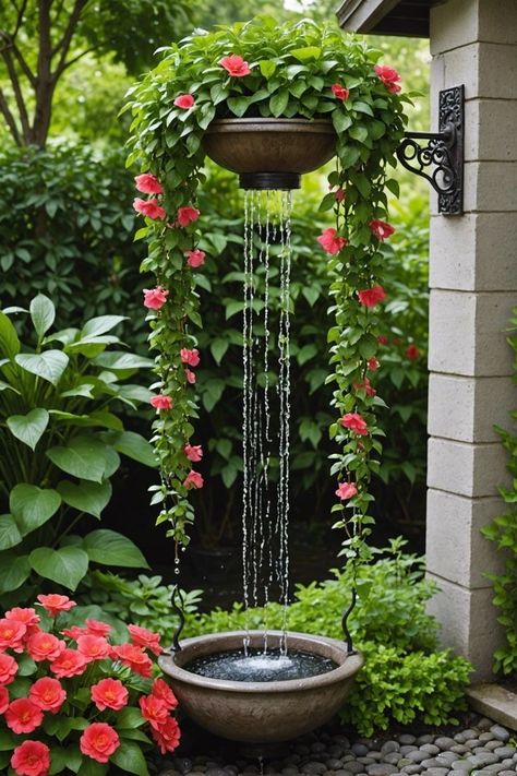 Fountain Small Garden, Ideas For A Small Garden, Small Water Ponds Ideas, Small Garden Water Feature Ideas, Garden Features Ideas, Garden Waterfalls Ideas Landscaping, Gardening Ideas For Front Of House, Front Yard Water Feature Ideas, Mystical Garden Ideas