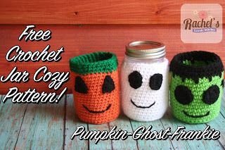 Free crochet pattern for fall and halloween jar cozy. Free frankenstein, pumpkin and ghost crochet pattern. Ghost Jack O Lantern, Crochet Halloween Decorations, Crochet Halloween Patterns, Cat Witch Hat, Crochet Jar Covers, Mason Jar Cozy, Crochet Ghost, Thanksgiving Crochet, Halloween Jars