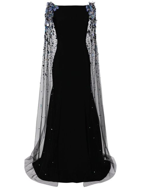 black crepe texture cape design sheer overlay bead embellishment sequin embellishment square neck floor-length Silk Cape Dress, Goth Evening Gown, Black Gown With Cape, Dress Neckline Designs, Black Elven Dress, Black Fantasy Gown, Fantasy Gowns Warriors, Vintage Black Gown, Black Princess Dress