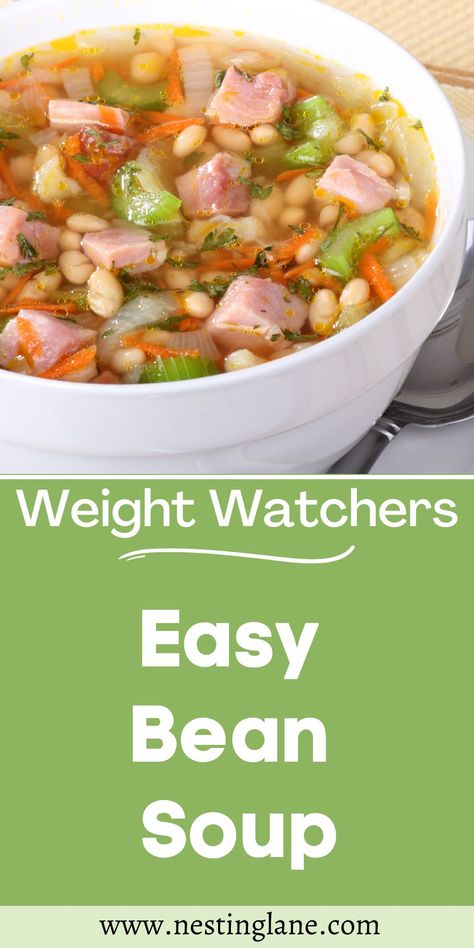 Easy Bean Soup (Weight Watchers) Recipe. This soup is hearty and flavorful. It's easy to make, and full of protein, so it's great for a cold Fall or Winter dinner. It's also great for leftover ham from Thanksgiving or Christmas. Weight Watchers Leftover Ham Recipes, Ww Ham Recipes, Weight Watchers Ham Recipes, Easy Bean Soup, Recipes Using Ham, Ww Soup, Ham Hock Soup, Weight Watchers Casserole, Ww Ideas