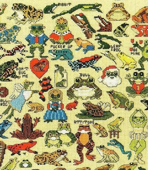 "Offering a vintage digital PDF counted cross stitch pattern collection to make an adorable assortment of different little frogs! Wonderful for ornaments, clothing and countless other potential projects. 65 designs in total - individual frogs will measure anywhere from 1.5\" - 2.75\" (4.5 - 7cm) Lots with cute little sayings as per photo :) Designs will print out on three charts  on standard letter size paper (8.5 x 11\") Color keys for both DMC and Anchor threads are given. Stitches used are fu Cross Stitch Patterns Cute, Vintage Cross Stitch Patterns, Frog Stuff, Anchor Threads, Vintage Cross Stitch Pattern, Vintage Cross Stitch, Mini Cross Stitch, Stitch Ideas, Vintage Cross Stitches