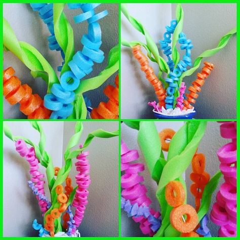 Pool Noodle Coral Reef Craft - Crafty Morning Pool Noodle Sea Anemone, Pool Noodle Coral Reef Tutorial, Pool Noodle Animals, Pool Noodle Sculpture, Pool Noodle Flowers Diy, Pool Noodle Fish, Pool Noodle Flowers, Pool Noodle Coral, Coral Reef Craft