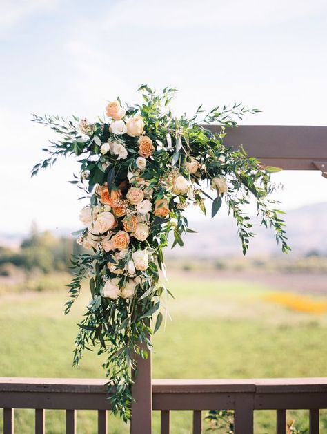 Floral design on top two corners of arch. Rustic Floral Arrangements Wedding, Ceremony Arbor Flowers, Floral Arbor Wedding, Arbor Floral Arrangement, Fall Ranch Wedding, Arbour Flowers, Bozeman Wedding, Arbor Flowers, Wedding Pergola