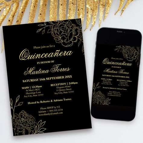 Elegant Quinceanera Black and Gold Sketch Floral Invitation - tap to personalize and get yours #Invitation #black #quinceanera, #elegant #quincea&241;era, #and Quinceanera Black And Gold, Quince Court, Outline Flowers, Black Quinceanera, Sketched Flowers, Reception Only Invitations, Quinceanera Collection, Botanical Line Drawing, Flower Line Drawings