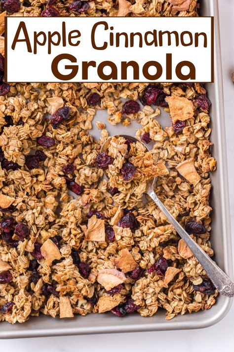 Apple Cinnamon Granola—this one’s packed with oats, walnuts, dried apples, and cranberries. It’s so good, you'll find yourself reaching for it at breakfast or just snacking straight from the jar. via @cmpollak1 Apple Granola Bars, Cinnamon Granola Recipe, Apple Cinnamon Granola, Apple Granola, Vanilla Granola, Granola Cookies, Granola Parfait, Cinnamon Granola, Baked Granola