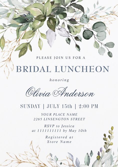 Modern and elegant bridal brunch invitations featuring watercolor eucalyptus greenery design. Bridal shower invites and ideas. afflink Bridal Tea Party Invitations, Luncheon Invitation, Blue Bridal Shower Invitations, Bridal Luncheon Invitations, Bridal Shower Luncheon, Green Bridal Showers, Boho Bridal Shower Invitations, Green Invitations, Bridal Tea Party