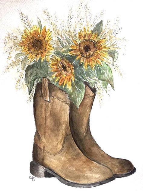 Drawing Cowboy Boots, Country Drawings Easy, Cowgirl Watercolor, Western Drawings, Western Watercolor, Watercolor Flower Bouquet, Wildflower Drawing, Cowboy Aesthetic, Western Paintings