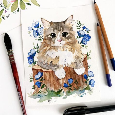 Cute Cat Watercolor Paintings, Watercolor Paintings Cat, Whimsical Watercolor Art, Gouache Animals, Cat Watercolor Paintings, Cat Watercolour, Watercolor For Beginners, Watercolor Cats, Cat Paintings