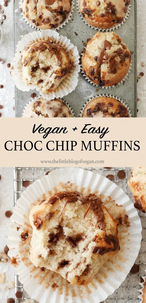 Bakery Style Vegan Chocolate Chip Muffins - The Little Blog Of Vegan Choclate Chip Muffins, Bakery Style Chocolate Chip Muffins, Vegan Chocolate Chip Muffins, Vegan Breakfast Recipes Easy, Choc Chip Muffins, High Protein Breakfast Recipes, Bakery Style Muffins, Vegan Baking Recipes, Banana Chocolate Chip Muffins