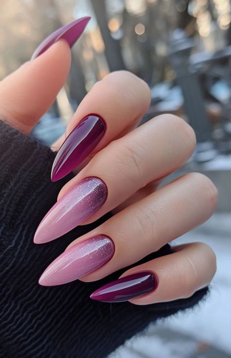 Crimson Color Nails, Ombré Burgundy Nails, Plum Nail Color Design, Long Almond Ombre Nails, Nail Feather Design, Plum Pink Nails, Deep Purple Almond Nails, French Tip On Stiletto Nails, November Bday Nails