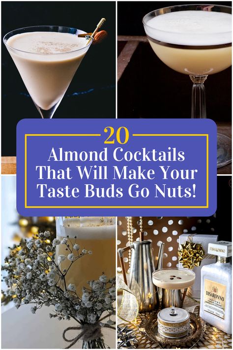 Collage of 4 almond cocktails. Almond Liquor Recipes, Almond Snickerdoodle Cocktail, Almond Champagne Cocktail, Macadamia Nut Liquor Cocktails, Wedding Cake Cocktail, Classic Cocktails With A Twist, Almond Liquor, Almond Cocktails, Almond Champagne