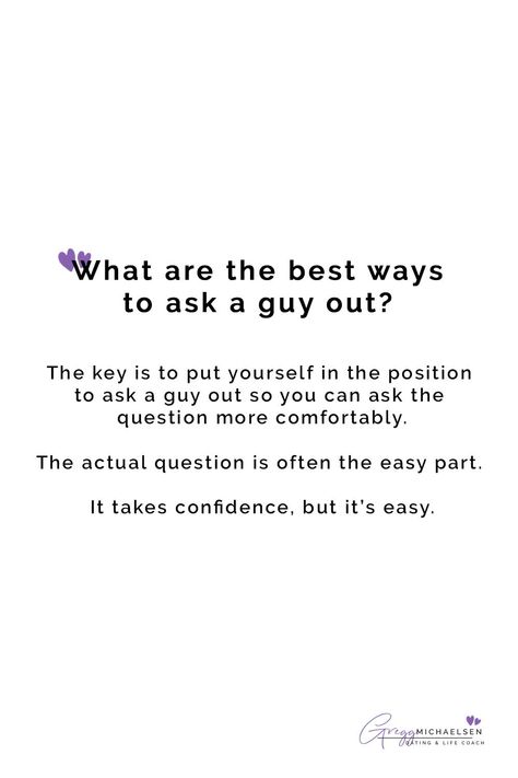 #1: Pick something on your bucket list and go for it! #2: Use a corny pickup line #3: Study comedy and use it towards strangers #4: Walk up, hand him your phone number and leave #5: Have your friend approach him In my latest article I describe in detail how to do these 5 sure fire ways and I also give you my 5 ways to “Get a Guy to Ask You Out!” Asking A Guy Out, Pickup Line, Pick Up Line, Understanding Men, Go For It, Pick Up Lines, 5 Ways, Thing 1 Thing 2, Phone Number