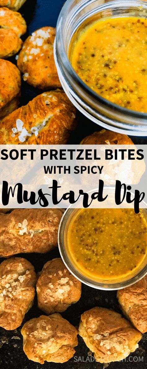 These Soft Pretzel Bites with Spicy Mustard Dip are the perfect snack for tailgating. Soft, chewy and bite size with a golden crust, they’re perfect for dunking into a delicious spicy mustard dip that gets a wonderful boost from the addition of hot sauce and maple syrup.  #pretzelbites #gameday #appetizer Pretzels With Mustard Dip, Soft Pretzel Mustard Dip, Dipping Sauce For Pretzel Bites, Pretzel Bites Dip, Soft Pretzel Dips Sauces, Spicy Mustard Pretzel Dip, Pretzel Bites Dipping Sauce, Pretzel Bite Dip, Spicy Mustard Dip