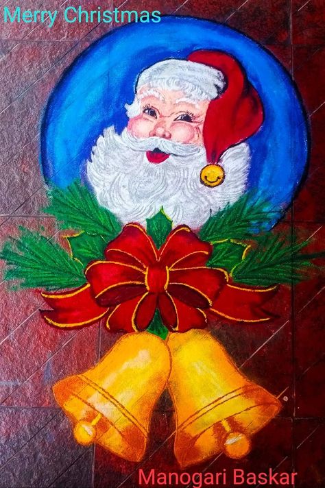 Christmas Rangoli Design Latest, Santa Claus Rangoli, Rangoli For Christmas, Christmas Kolam Rangoli, Christmas Kolam Designs, Christmas Rangoli Design, Christmas Kolam, Bells Drawing, Christmas Bells Drawing