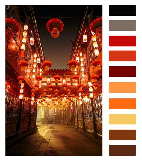 Colour Palette inspired by Jinli Street Chengdu China Chinese New Year Palette, Chinese Color Palette Inspiration, Chinese New Year Colour Palette, Chinese Wedding Color Palette, Carnival Colour Palette, China Color Palette, Chinese New Year Color Palette, Japanese Colour Palette, Japan Color Palette