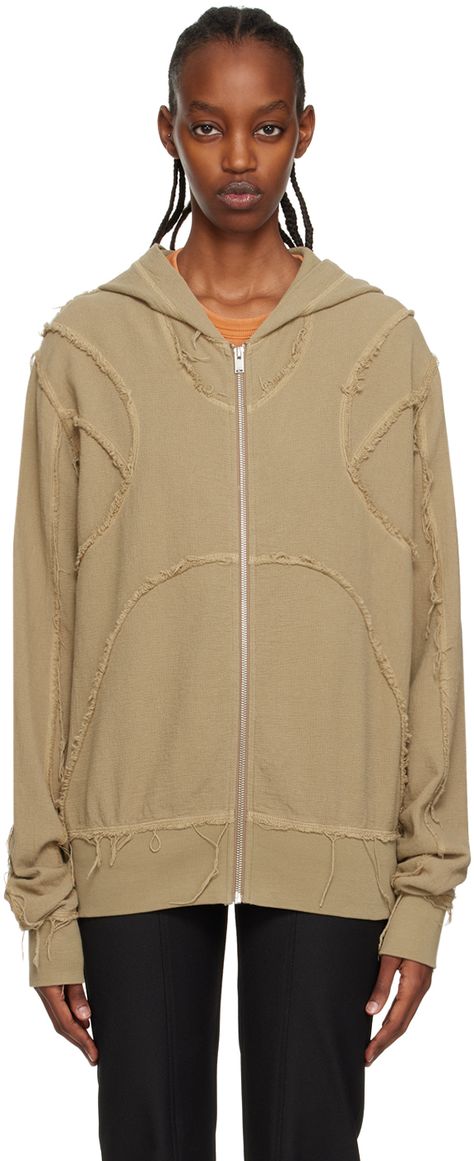 Find Misbhv Exclusive Hoodie on Editorialist. French terry hoodie. Raw edges and loose thread detailing throughout. · Paneled construction · Zip closure · Rib knit hem and cuffs · Dropped shoulders Wholesale exclusivity at SSENSE. Supplier color: Beige Raw Edge Sweatshirt, Hoodie Inspiration, Beige Streetwear, Beige Hoodie, Activewear Trends, Collarless Shirt, Garment Pattern, French Terry Hoodie, Hoodie Zip