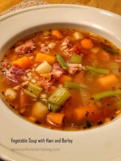 I rarely purchase a ham so I never have a leftover ham bone for soup.  One of my greatest finds is Honey Baked Ham sells ham bones for soup.  Yes, large ham bones and they have plenty of meat left on them, perfect for soup.  This time the price was $7.26 – I think this … Ham And Barley Soup, Christmas Gammon Recipes, Ham Bone Soup Recipes, Ham Bone Recipes, Leftover Ham Bone, Ham Leftovers, Ham Bone Soup, Soup With Ham, Paleo Soups