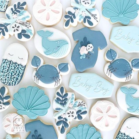 Whale Baby Shower Cookies, Under The Sea Baby Shower Cookies, Whale Baby Shower Theme, Sand Dollar Cookies, Whale Cookies, Crab Party, Cookie Cottage, Whale Party, Baby Boy Cookies