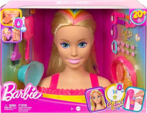 Barbie Totally Hair Deluxe Styling Heads transform any room into a beauty salon! With 22 accessories -- including ten color-change features -- kids can create countless hairstyles.💗🎁💋 Barbie Hair Color, Barbie Styling Head, Interaktives Design, Hair Dye Brush, Change Hair, Straight Blonde Hair, Barbie Hair, Glam Party, Neon Rainbow