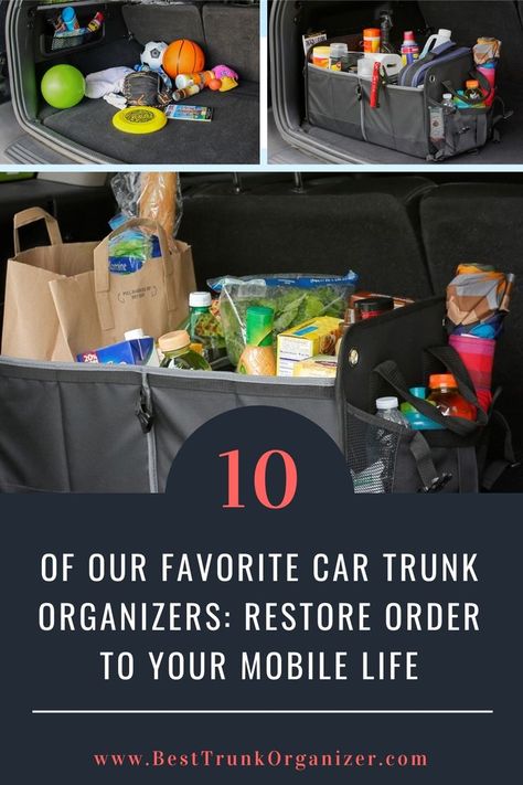 collage of messy car transformed into an organized trunk and cargo area Car Grocery Organizer, Minivan Trunk Organization, Suv Cargo Organization, Car Trunk Organization Ideas, Suv Storage Ideas Organizers, Trunk Organization Car, Car Seat Cooler, Suv Trunk Organization, Suv Storage