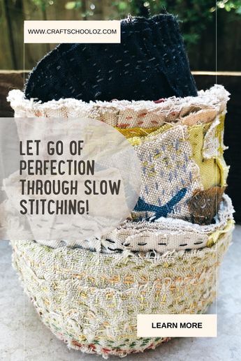 Let go of perfection in your creativity!  Read how to discover the magic in imperfection: slow stitching, your path to creativity freedom and enjoyment. 😌🌞🧵  #slowstitching #slowstitchingideas #handstitching #embroidery #boro #visiblemending How To Slow Stitch, Slow Stiching Projects Ideas, Slow Stitching Tutorial, Stitch Pots, Slow Stitching Ideas, Fabric Vessels, Lisa Mattock, Slow Stitching Projects, Sashiko Mending