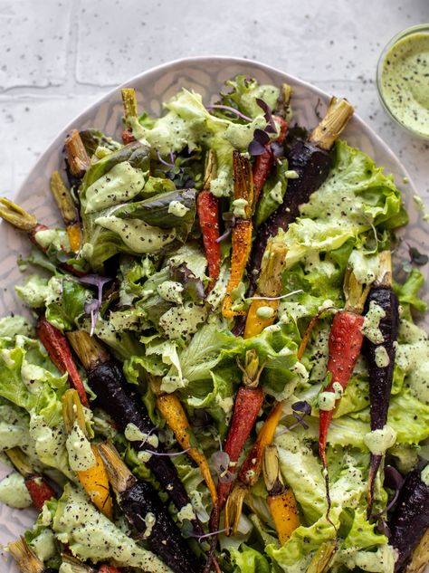 Roasted Carrot Green Goddess Salad Carrot Salad Dressing, Spring Dinner Ideas, Roasted Carrot Salad, Spring Recipes Dinner, Clean Foods, Roasted Carrot, Resep Salad, Carrot Greens, Green Goddess Dressing