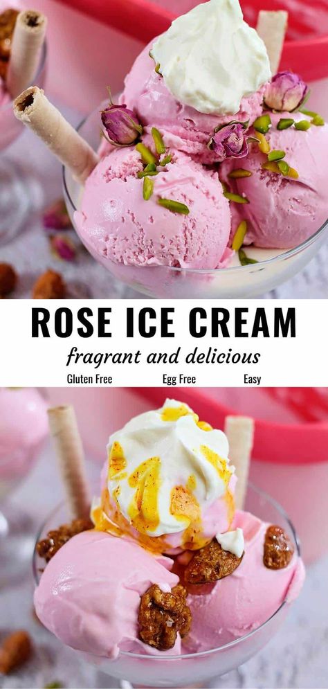 This rose ice cream is so creamy and irresistibly delicious. Experience the soothing, refreshing flavor of rose water in this frozen treat with our easy recipe. Enjoy it plain, with pistachios, or take it up a notch with candied nuts. Top with whipped cream and saffron honey if desired! #roseicecream #rosewatericecream #homemadeicecream Rose Water Ice Cream, Recipes With Rose Water, Rose Water Recipe Desserts, Rose Water Desserts, Rose Flavored Desserts, Rose Recipes Desserts, Rose Gelato, Rose Desserts, Saffron Honey