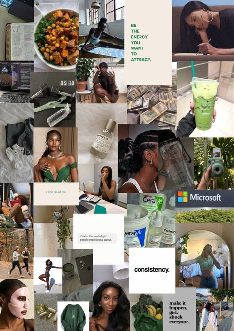 Aesthetic Background For Personal Development, Feminine Vision Board Ideas, Healthy Vision Board Ideas, Blackgirl Aesthetics Vision Board, Vision Board 2023 Black Women, Green Vision Board Wallpaper, Esthetician Vision Board Collage, Monthly Mood Board, Green Aesthetic Black Women