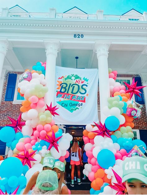 Bid Day Banner Ideas, Sorority Party Decorations, Cute Bid Day Themes, Adpi Bid Day Themes, Bid Day Themes 2023, New Bids On The Block Bid Day, Neon Bid Day, Paradise Theme Party, Sorority Date Party Themes