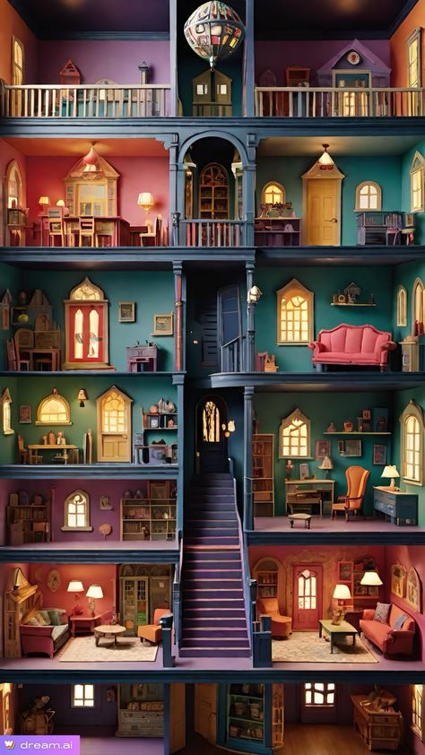 Doll House Architecture, Real Life Doll House, Dollhouse Apartment Building, Dollhouse From Bookcase, Wes Anderson Dollhouse, Dollhouse Design Ideas, Doll House Colors, 1:12 Dollhouse, Mermaid Doll House