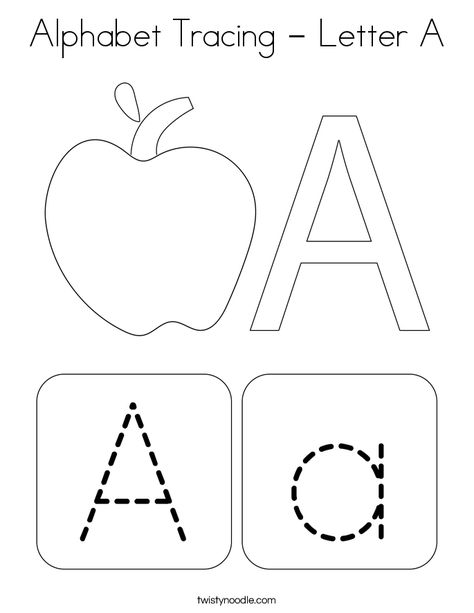 Alphabet Tracing - Letter A Coloring Page - Twisty Noodle Activity Of Letter A, Letter A Tracing Preschool, Preschool Sheets, Free Handwriting Worksheets, Letter A Coloring Pages, Handwriting Worksheets For Kids, Fruit Coloring, Nursery Worksheets, Preschool Activities Printable