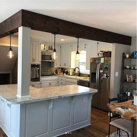 Kitchen Island With Center Post, Kitchen With Half Island, Kitchens With Posts In Island, Pillar In Island Kitchen, Island Placement In Small Kitchen, Framed Kitchen Island, Island With Pillar, Kitchen Island With Columns Support, Kitchen Island Coming Off Wall