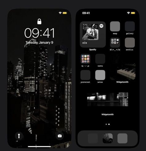 Black Iphone Layout Aesthetic, Black Home Screen Ideas, Phone Themes Black, Ios Layout Black, Iphone Theme Ideas Dark, Ios 16 Home Screen Ideas Dark, Black Phone Theme, Dark Home Screen, Whatsapp Apps