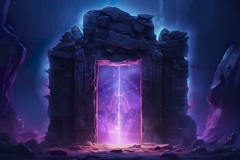 Fantasy night landscape with magical power, ancient stones with magical power and light, runes. Passage to another world, magic door, light, neon. AI Generative Ancient Portal, Fantasy Night, Magic Door, Door Light, Magical Power, Night Landscape, Tree Saw, Cityscape Photos, Logo Banners