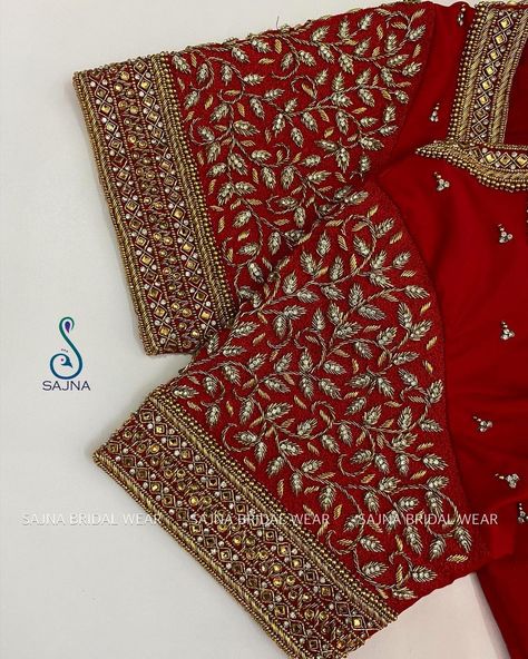 Sajna Bridal Wear Designer on Instagram: “To get your outfit customized visit us at Chennai, Vadapalani or call/msg us at +919962111511 for appointments, online order and further…” Sleeve Aari Work, Zardosi Work Blouse, Puff Blouse, Latest Bridal Blouse Designs, Aari Work Blouse, Maggam Work Blouses, Maggam Work Blouse Designs, Silk Saree Blouse, Bridal Blouse Designs