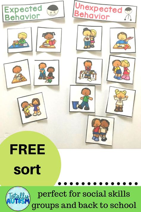 This free sort is perfect for social skills groups and teaching expectations during back to school time. Teaching Expectations, Behavior Visuals, Learning Routine, Counseling Classroom, School Social Worker, Social Skills Groups, Social Story, Elementary School Counseling, Social Thinking