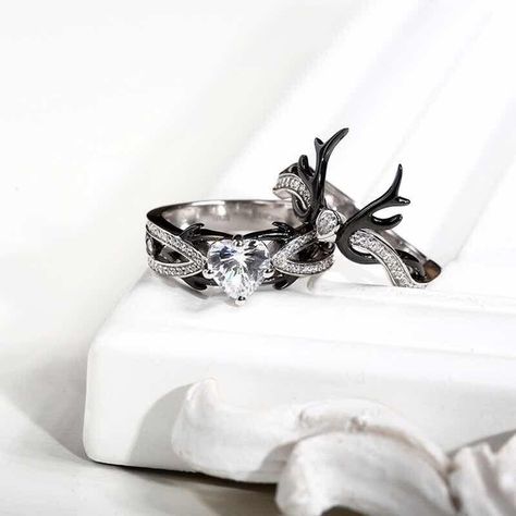 Antler Engagement Ring, Deer Antler Wedding Rings, Deer Antler Wedding, Antler Wedding Rings, Deer Antler Ring, Gothic Wedding Rings, Antler Wedding, Black Deer, Black Gold Ring